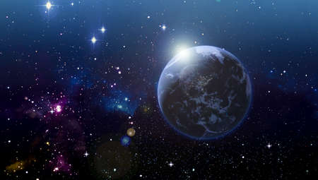 Surface of Earth planet in deep space. Outer dark space wallpaper. Night on planet with cities lights. View from orbit. Elements of this image furnished by NASA.の写真素材