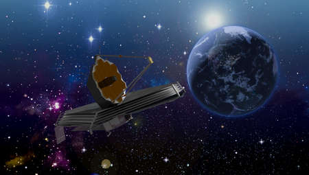 James Webb telescope in outer space on orbit of Earth at night. Planet surface and satellite.の写真素材