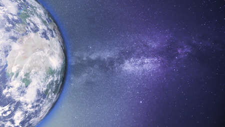Surface of Earth planet in deep space. Outer dark space wallpaper. Night on planet with cities lights. View from orbit.の写真素材