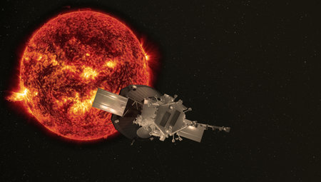 A probe to study the sun, approaching a star.  3d rendering.の写真素材