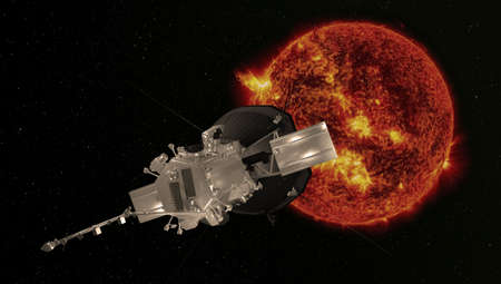 A probe to study the sun, approaching a star.  3d rendering.の写真素材