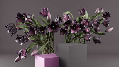 Podium, stand, showcase on pastel light, background and flowers. for premium product with nature plant, leaves.3d render.の写真素材