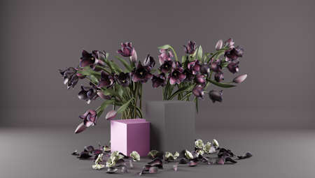 3D rendering flower background with geometric shape podium for product display, minimal concept, Premium illustration pastel floral elements, beauty, cosmetic.の写真素材