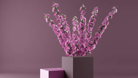 Podium, stand, showcase on pastel light, background and flowers. for premium product with nature plant, leaves.3d render.の写真素材