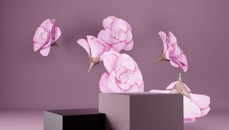 3D rendering flower background with geometric shape podium for product display, minimal concept,...