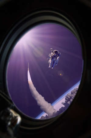 Earth planet and astronaut in space ship window porthole. 3d rendering.の写真素材