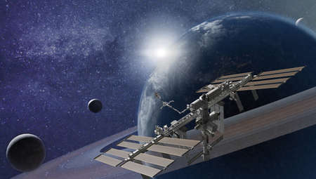 International Space Station orbiting an imaginary planet. 3d rendering.の写真素材