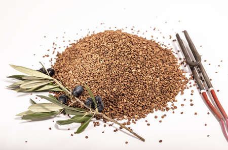 Crushed olive seeds using as biofuel. Biofuel component. Biomass energy.の写真素材