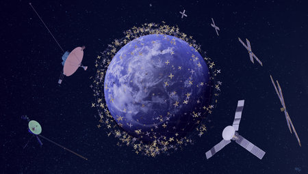 Evocation of space debris. Hundreds of satellites orbiting the earth.  3d rendering.の写真素材