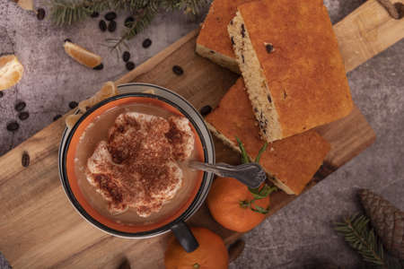 Concept of tasty breakfast with mandarin jam on white textured table.の写真素材
