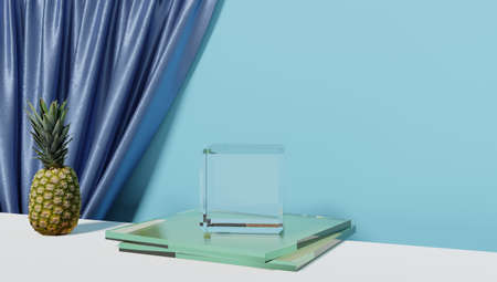 Abstract rendering 3d shape for advertising products display with copy space. Modern floating white round podium with light blue and green empty room background. Minimal pastel studio room concept.の写真素材