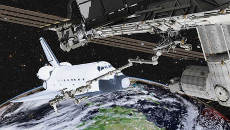 Space shuttle take off from Earth planet. Expedition in the deep space. Spaceship.の写真素材