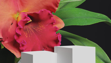 White square podium for display cosmetic and goods with hovering flow of fresh spring flowers on...