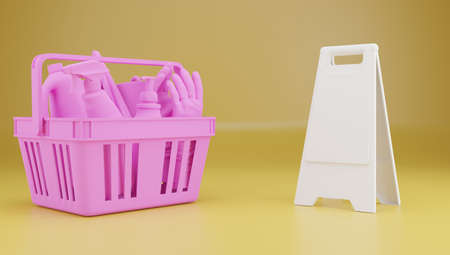 Assorted cleaning products all in pink on a yellow background. 3d rendering.の写真素材