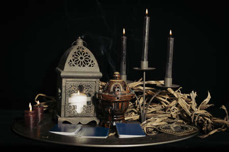 Exoteric session of mystery and spiritualism night. Tarot and divination session.の写真素材