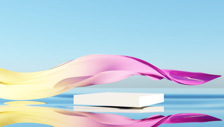 Podium pedestal for cosmetic products display. Glass ribbon in the wind on water. abstract wallpaper...