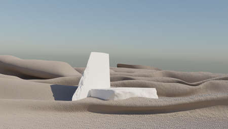 3d rendering sand podium in windy desert for product display. Sand Podium. Podium, pedestal, stage, base.の写真素材
