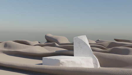 3d rendering sand podium in windy desert for product display. Sand Podium. Podium, pedestal, stage, base.の写真素材