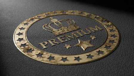 stamp stamped in gilt on a black leather background. premium stamp. 3d rendering.の写真素材