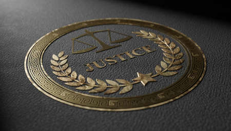 stamp stamped in gilt on a black leather background. Justice stamp. 3d rendering.の写真素材