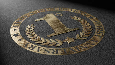 First anniversary golden logo emblem with ribbon and the number 1 designing silhouette. 3d rendering.の写真素材