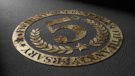 fifth anniversary golden logo emblem with ribbon and the number 5 designing silhouette. 3d rendering.の写真素材