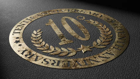 Tenth anniversary golden logo emblem with ribbon and the number 10 designing silhouette. 3d rendering.の写真素材