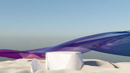 3d rendering of modern minimal cylindrical podium on a desert landscape. Showcase with platform for product displaying.の写真素材