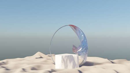 3D background,podium display,ocean, sand beach. Outdoor Pastel circle frame. Cosmetic, beauty product promotion mockup. Nature shadow, step pedestal. Summer Minimal banner 3D render illustration.の写真素材