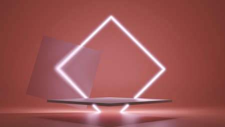 3d render red platform with neon shining and transparent glass rings. Geometric shapes composition with empty space for product design show. Minimal banner mockup.の写真素材