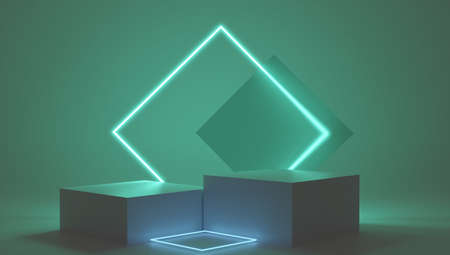 3d render green platform with neon shining and transparent glass rings. Geometric shapes composition with empty space for product design show. Minimal banner mockup.の写真素材