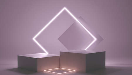 3d render pink platform with neon shining and transparent glass rings. Geometric shapes composition with empty space for product design show. Minimal banner mockup.の写真素材