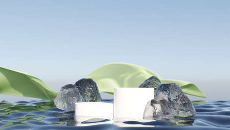 An ice platform for displaying your procuct 3D render, surrounded by ice stones on white background.の写真素材