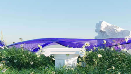3D display podium sky background with natural green grass and sun shadow. Nature minimal pedestal, beauty, cosmetic product presentation. Spring, summer landscape banner template 3d render.の写真素材