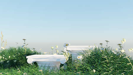3D display podium sky background with natural green grass and sun shadow. Nature minimal pedestal, beauty, cosmetic product presentation. Spring, summer landscape banner template 3d render.の写真素材