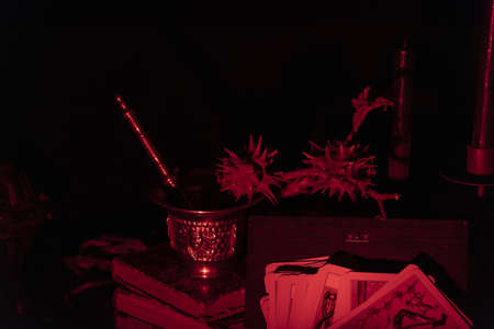 Witch laboratory with potion, elixirs, glass bottles, dry flowers, herbs and ingredients. Esoteric, wicca and occult background, fortune telling and divination ritual, mystic concept.の写真素材