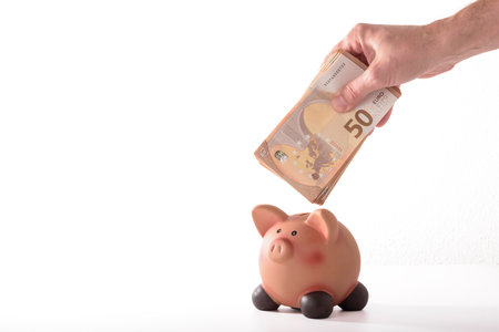 detail of a hand inserting a fifty euro banknote into a piggy bank, concept for business and save money on white background.の写真素材