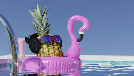 Summer Vacation and Swimming Pool Relaxation Lifestyles Concept, Pineapple With Sunglasses in Poolside at The Beach Vacations. Tropical Leisure Activities Relaxing and Holiday Resort. 3d rendering.の写真素材