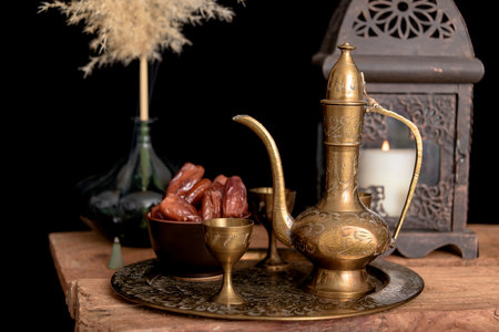 Tea and dried dates on a old wooden table.の写真素材