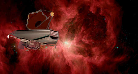 James Webb telescope in outer space on orbit of Earth. Planet surface and satellite. Elemets of thisd iamge furnished . 3d rendering.の写真素材