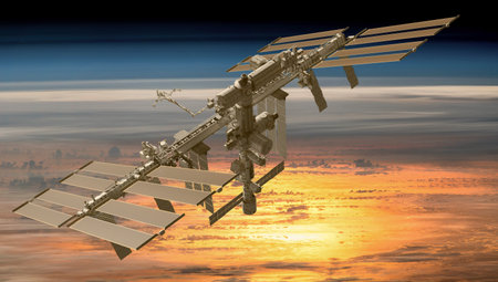 International Space Station over the planet Earth. Elements of this image furnished . 3d rendering.