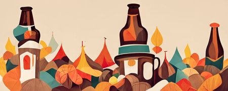 Cartoon set Oktoberfest design elements. Flat illustration of beer barrels, beer glasses. Clip art.の写真素材