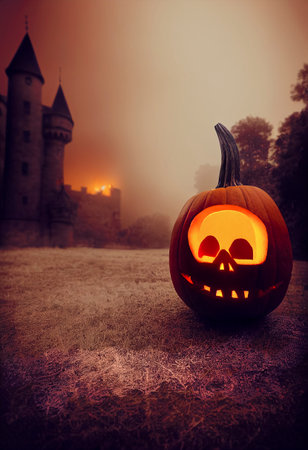 Pumpkins In Graveyard In The Spooky Night - Halloween Backdrop.の写真素材