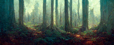 Lovely magic colored blurred foggy forest trees with illustrated abstract bokeh light.の写真素材