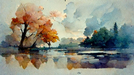 Digital structure of painting. Watercolor landscape in the fores.の写真素材