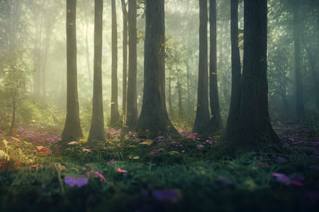 Magical fairytale forest. Coniferous forest covered with green moss. Mystic atmosphereの写真素材