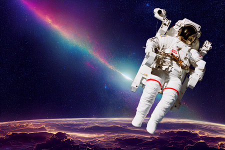 Astronaut spaceman do spacewalk while working for space station in outer space. Astronaut wear full...