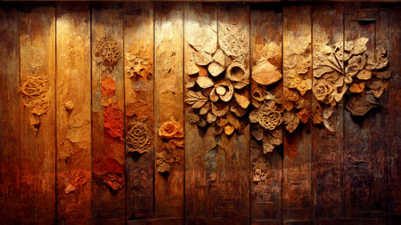 Vintage brown wood background texture with knots and carvings of floral motifs. Old painted wooden wall. Brown abstract background.の写真素材