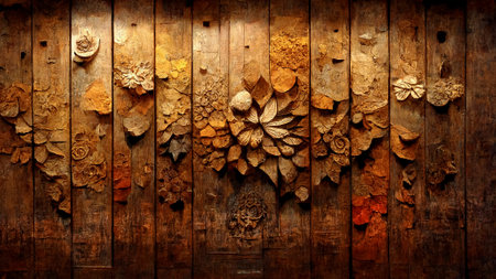 Vintage brown wood background texture with knots and carvings of floral motifs. Old painted wooden wall. Brown abstract background.の写真素材