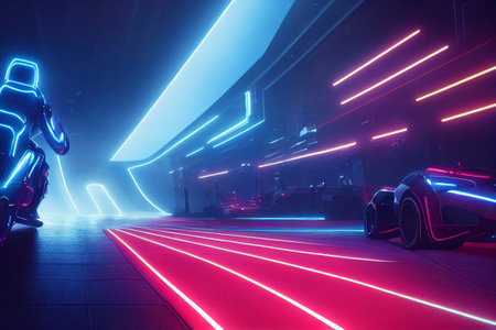 Glowing lines, neon lights, abstract psychedelic background, ultraviolet, vibrant colors.の写真素材
